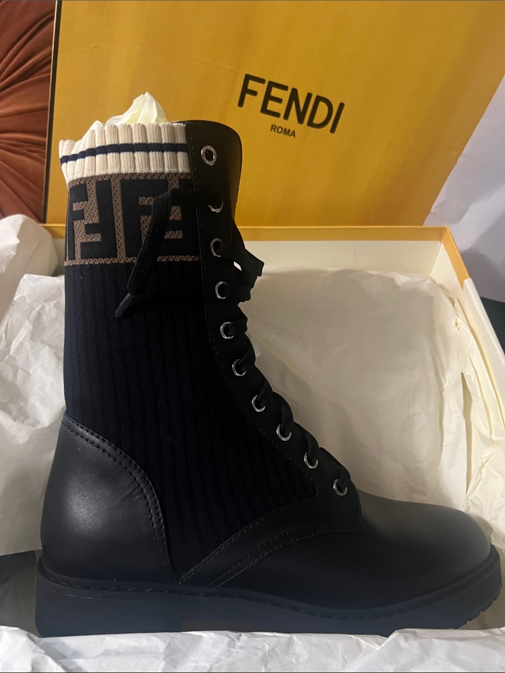 Fendi Rockoko Black Leather & Knit Logo-Trim Combat Boot BNWT Sz 39